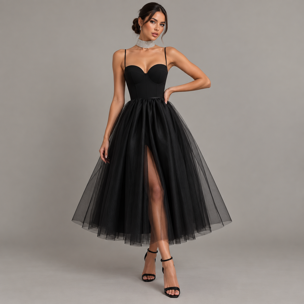 Black Corset Tulle Midi Dress with Spaghetti Straps – Front Slit Evening Cocktail Dress