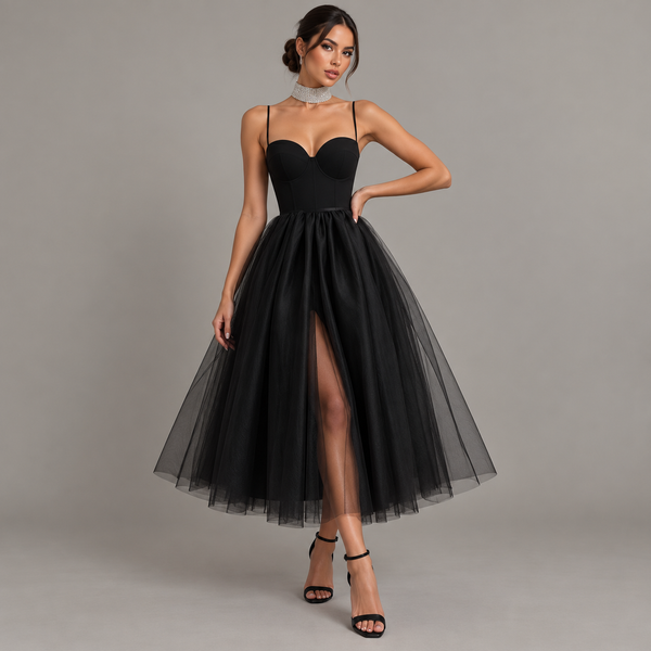Black Corset Tulle Midi Dress with Spaghetti Straps – Front Slit Evening Cocktail Dress