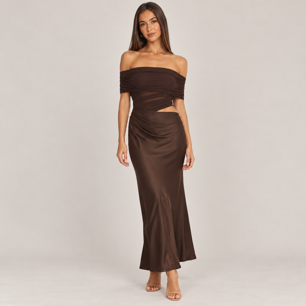 Chocolate Brown Off-Shoulder Midi Dress with Waist Cut-Out – Ruched Mesh & Satin Evening Dress