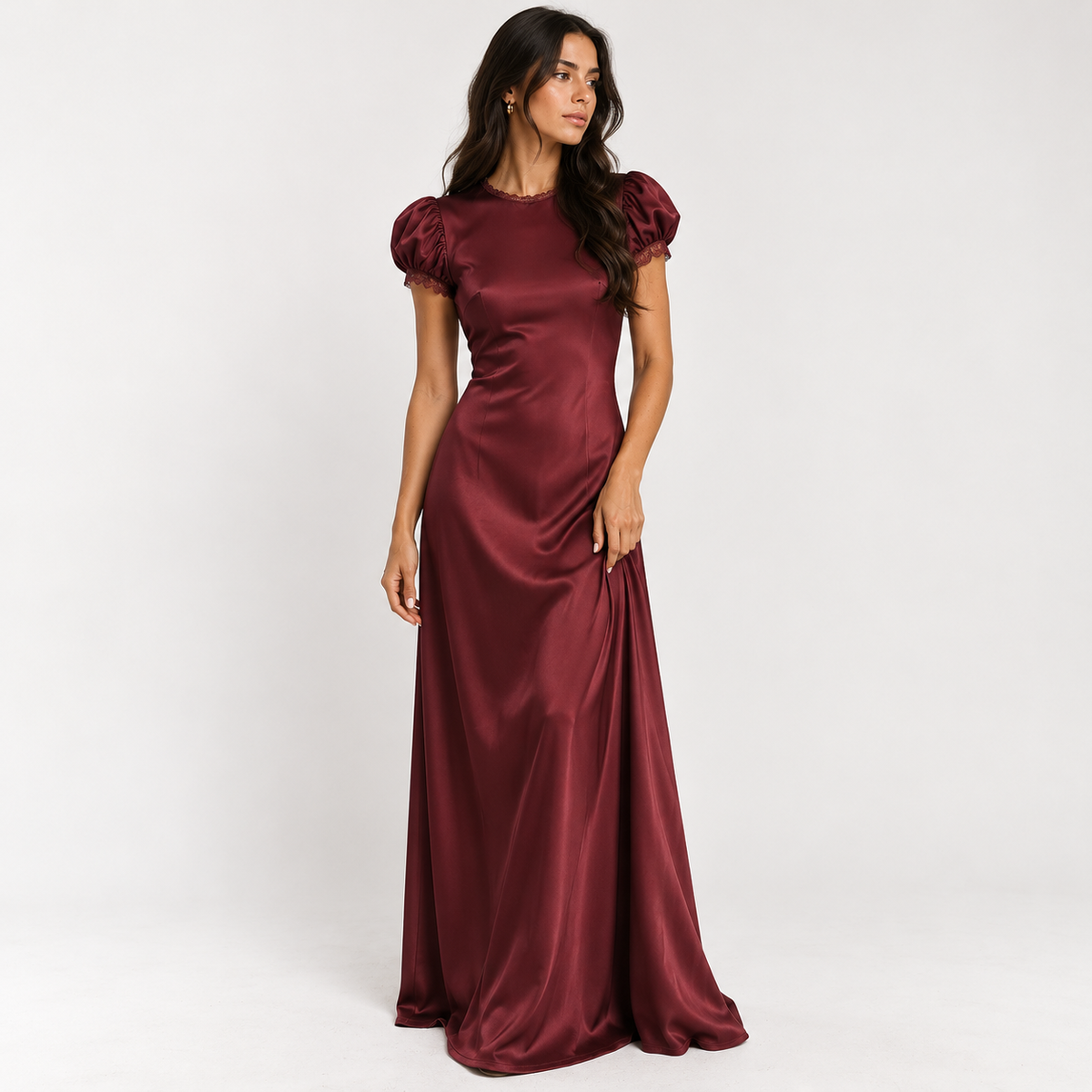 Plum Satin Maxi Dress with Short Sleeves & Lace Trim – Elegant Wedding Guest Dress