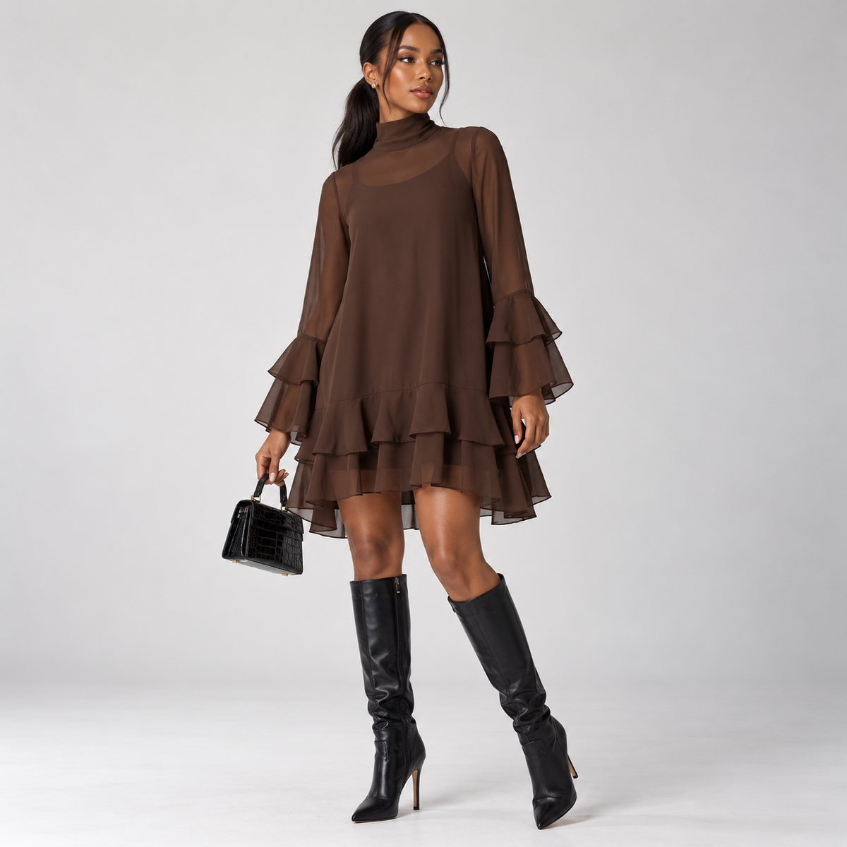 Brown Chiffon Ruffle Mini Dress with Bell Sleeves – Mock Neck Tiered Swing Dress
