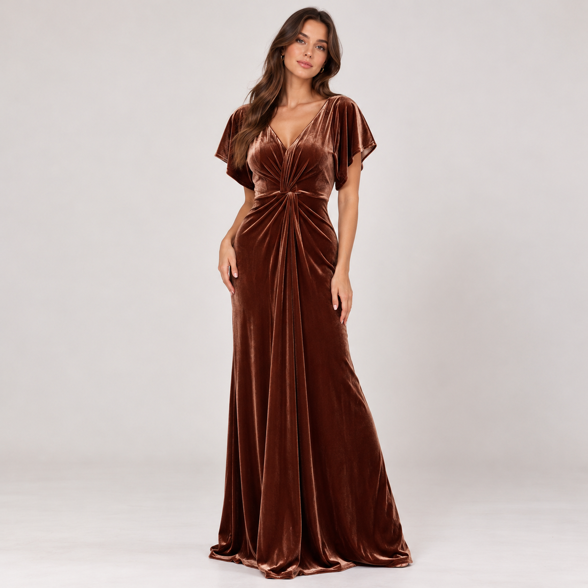 Chocolate Velvet Maxi Dress with Flutter Sleeves