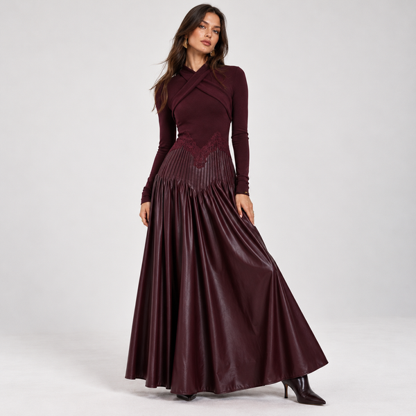Burgundy Long Sleeve Maxi Dress with Faux Leather Pleated Skirt – Wrap Neck Evening Gown