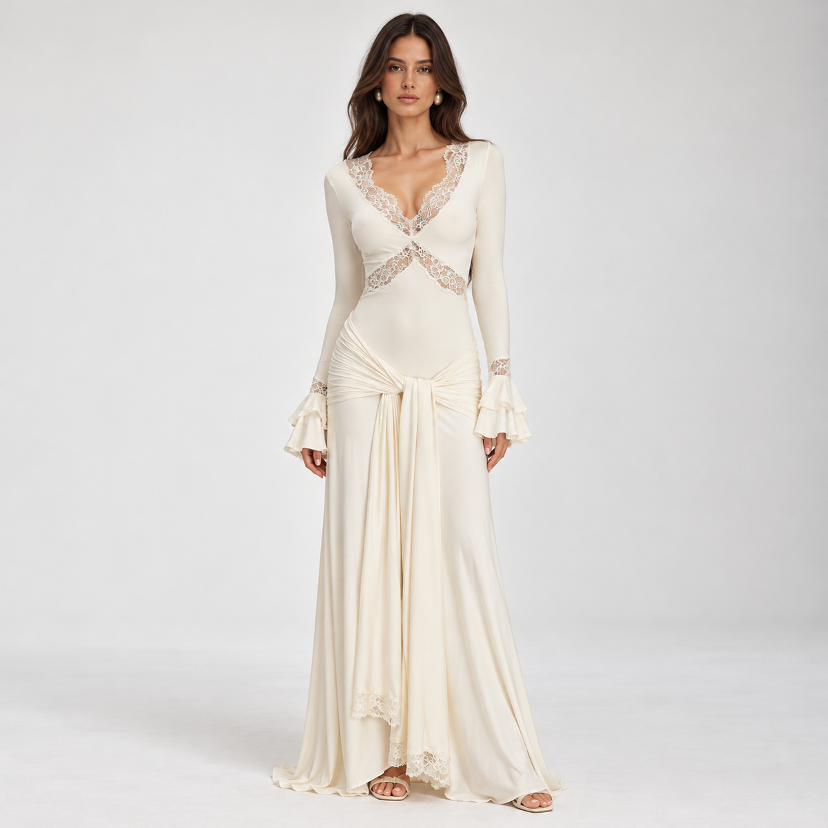 Ivory lace trim long sleeve maxi dress – front view