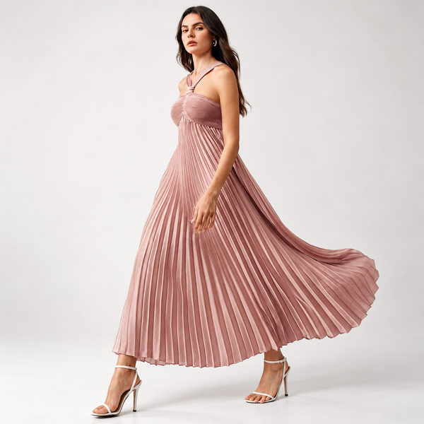 Dusty Rose Pleated Halter Maxi Dress – Flowy Open Back Wedding Guest Gown