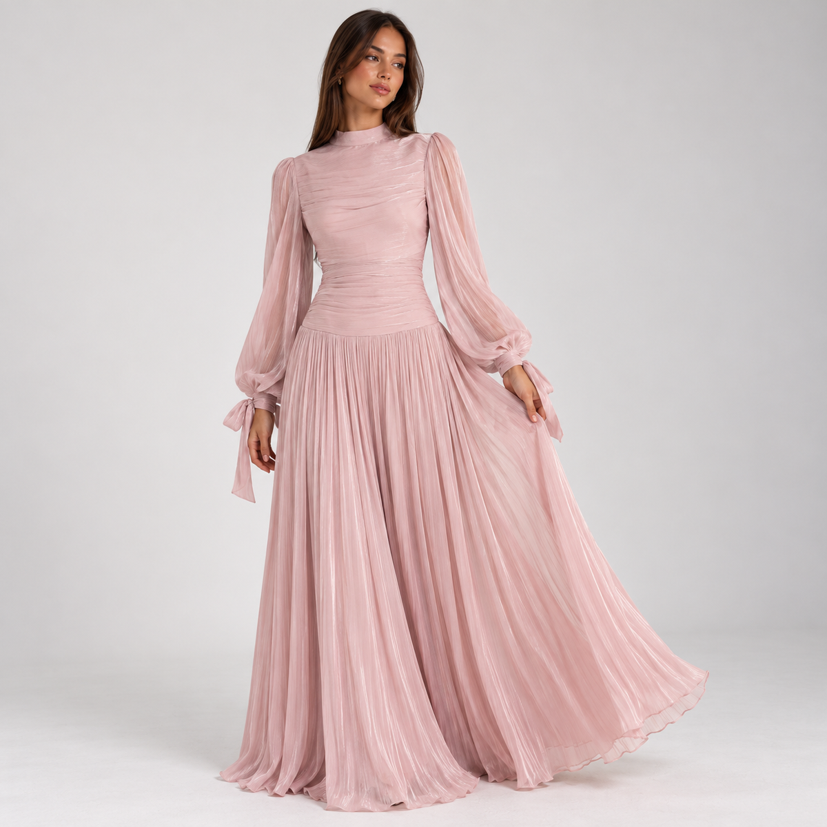 Blush Pink Chiffon Maxi Dress with Sheer Long Sleeves – Pleated Mock Neck Evening Gown