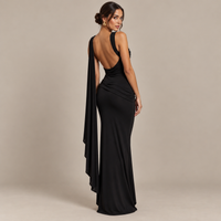 Sleeveless Draped Maxi Dress with Boat Neck & Open Back – Ruched Bodycon Evening Gown