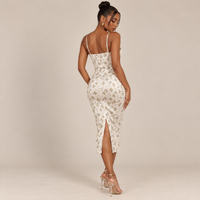 Ivory Floral Velvet Midi Dress – Ruched Tie Bust Spaghetti Strap Bodycon Dress