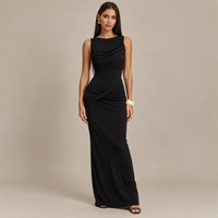 Sleeveless Draped Maxi Dress with Boat Neck & Open Back – Ruched Bodycon Evening Gown