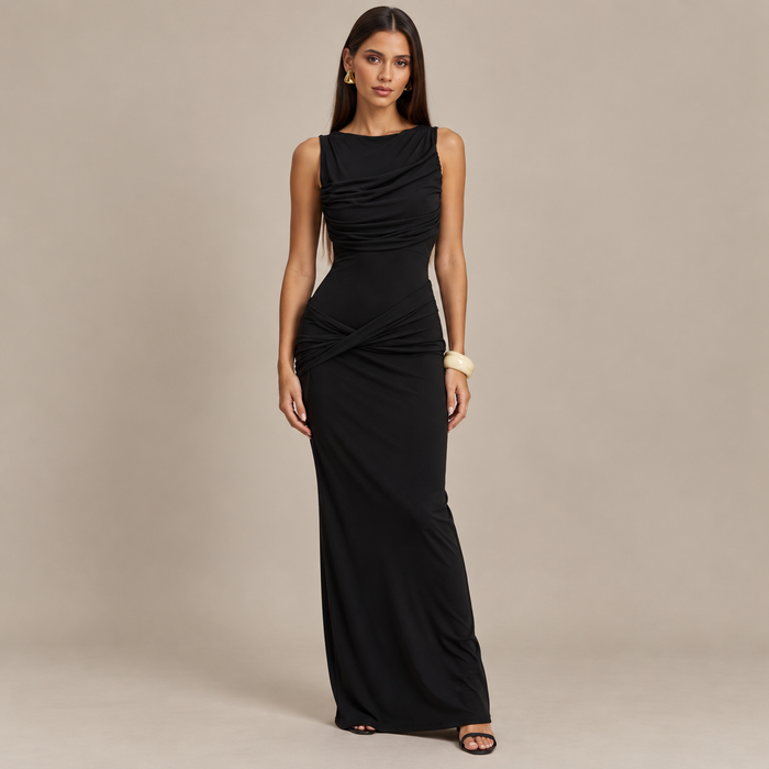 Sleeveless Draped Maxi Dress with Boat Neck & Open Back – Ruched Bodycon Evening Gown