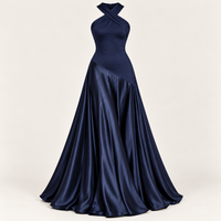 Navy Halter Maxi Dress with Ruched High Waist – Criss-Cross A-Line Evening Gown