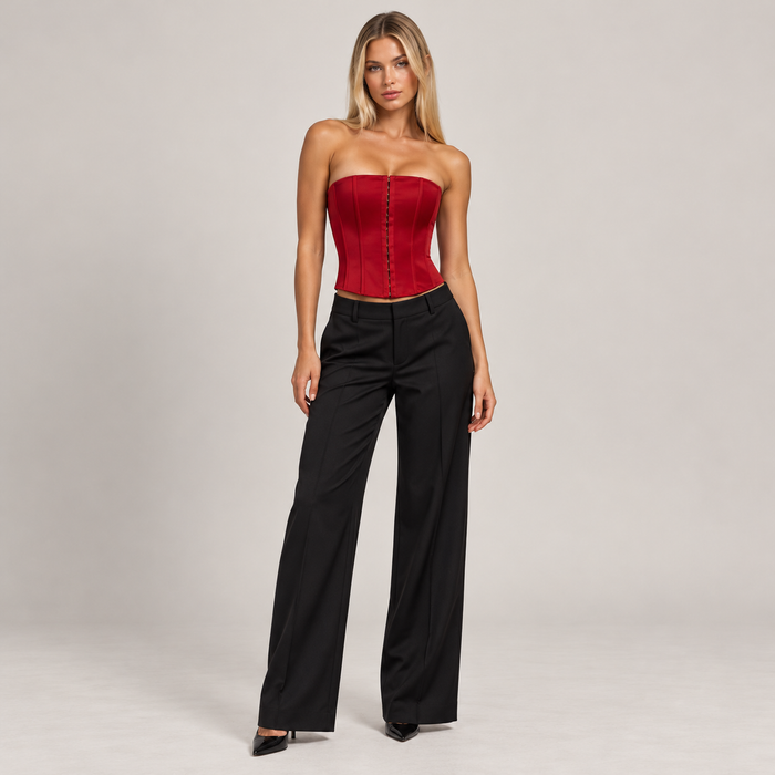 Red Satin Strapless Corset Top – Boned Bustier with Front Hooks