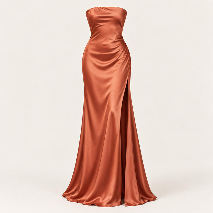 Strapless Satin Maxi Dress with Side Slit – Elegant Evening & Wedding Guest Dress