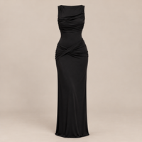Sleeveless Draped Maxi Dress with Boat Neck & Open Back – Ruched Bodycon Evening Gown