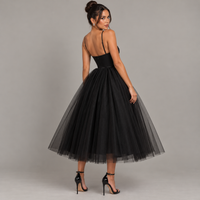 Black Corset Tulle Midi Dress with Spaghetti Straps – Front Slit Evening Cocktail Dress