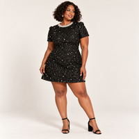 Black Tweed Sequin Mini Dress with Faux Pearls – Plus Size Short Sleeve A-Line Party Dress