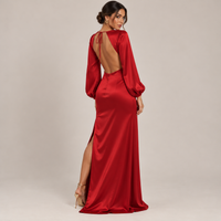 Red Satin Long Sleeve Maxi Dress with Thigh Slit – Open Back Holiday Evening Gown