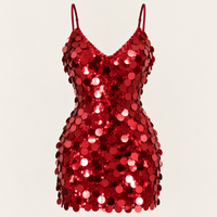 Wine Paillette Sequin Mini Dress – V-Neck Spaghetti Strap Bodycon Party Dress