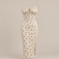 Ivory Floral Velvet Midi Dress – Ruched Tie Bust Spaghetti Strap Bodycon Dress