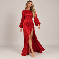 Red Satin Long Sleeve Maxi Dress with Thigh Slit – Open Back Holiday Evening Gown