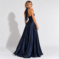 Navy Halter Maxi Dress with Ruched High Waist – Criss-Cross A-Line Evening Gown