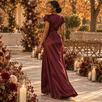 Plum Satin Maxi Dress with Short Sleeves & Lace Trim – Elegant Wedding Guest Dress