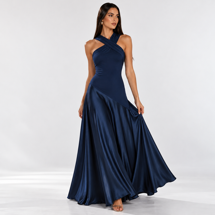 Navy Halter Maxi Dress with Ruched High Waist – Criss-Cross A-Line Evening Gown