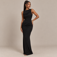 Sleeveless Draped Maxi Dress with Boat Neck & Open Back – Ruched Bodycon Evening Gown
