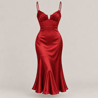 Red Satin Midi Dress with V-Notch Bust – Spaghetti Strap Bias-Cut Holiday Dress