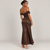 Chocolate Brown Off-Shoulder Midi Dress with Waist Cut-Out – Ruched Mesh & Satin Evening Dress