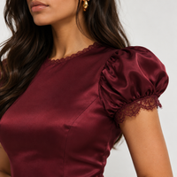 Plum Satin Maxi Dress with Short Sleeves & Lace Trim – Elegant Wedding Guest Dress