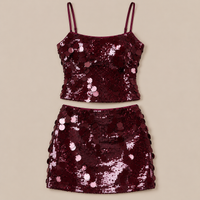 Burgundy Paillette Sequin Two-Piece Set – Cami Top & Mini Skirt Party Set