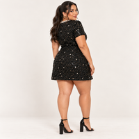 Black Tweed Sequin Mini Dress with Faux Pearls – Plus Size Short Sleeve A-Line Party Dress