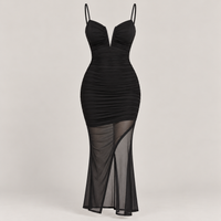 Ruched Mesh V-Wire Midi Dress with Sheer Split Hem – Spaghetti Strap Bodycon Party Dress