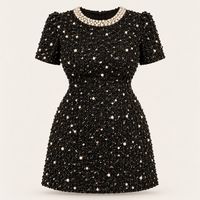 Black Tweed Sequin Mini Dress with Faux Pearls – Plus Size Short Sleeve A-Line Party Dress