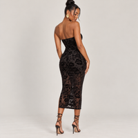 Black Velvet Strapless Midi Dress with Keyhole – Floral Flocked Mesh Bodycon Party Dress