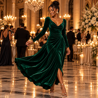 Emerald Green Velvet Long Sleeve Midi Dress – Cowl Neck Ruched Wrap Holiday Dress with Slit