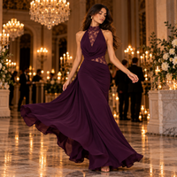 Plum lace halter maxi dress – at an evening event