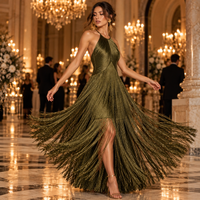 Olive green fringe halter maxi dress – at an evening event