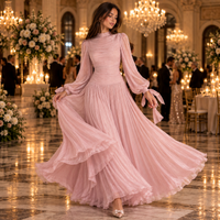 Blush Pink Chiffon Maxi Dress with Sheer Long Sleeves – Pleated Mock Neck Evening Gown