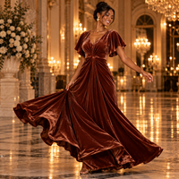Chocolate Velvet Maxi Dress with Flutter Sleeves – view 4