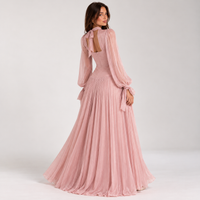 Blush Pink Chiffon Maxi Dress with Sheer Long Sleeves – Pleated Mock Neck Evening Gown