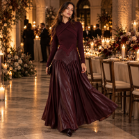 Burgundy Long Sleeve Maxi Dress with Faux Leather Pleated Skirt – Wrap Neck Evening Gown