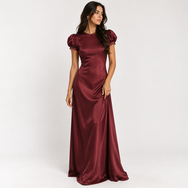 Plum Satin Maxi Dress with Short Sleeves & Lace Trim – Elegant Wedding Guest Dress