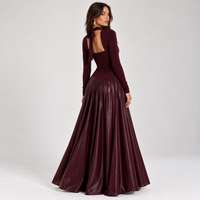 Burgundy Long Sleeve Maxi Dress with Faux Leather Pleated Skirt – Wrap Neck Evening Gown