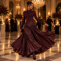 Burgundy Long Sleeve Maxi Dress with Faux Leather Pleated Skirt – Wrap Neck Evening Gown