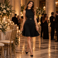 Black Pleated Fit & Flare Dress with Gold Belt – Sleeveless Knee-Length Cocktail Dress