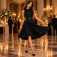 Black Pleated Fit & Flare Dress with Gold Belt – Sleeveless Knee-Length Cocktail Dress