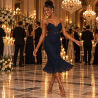 Navy Lace Midi Dress with Spaghetti Straps – Scalloped Sweetheart Bodycon Cocktail Dress
