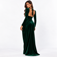 Emerald Green Velvet Long Sleeve Midi Dress – Cowl Neck Ruched Wrap Holiday Dress with Slit